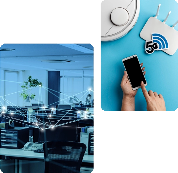 Ein Smartphone in der Hand, das ein 5G-Signal anzeigt, in einem modernen Büro mit Netzwerkverbindungen.