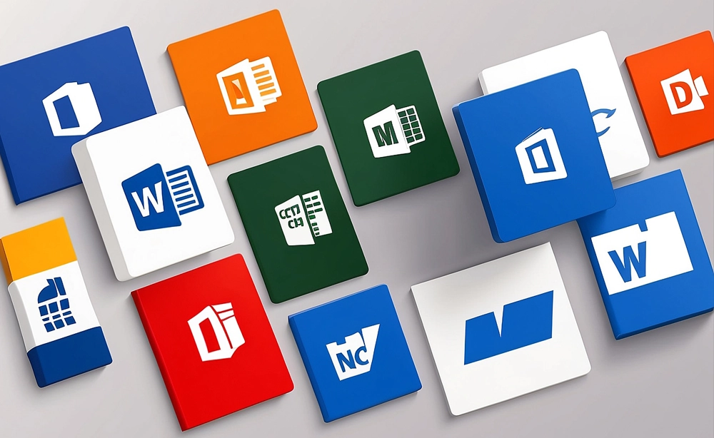 Mehrfarbige quadratische Symbole moderner Office-Apps (Microsoft Word, Excel, Outlook) als Illustration für Microsoft 365 Rundum-Service von IT Commander, zentrale Darstellung von Lizenzen, Support und Datensicherung