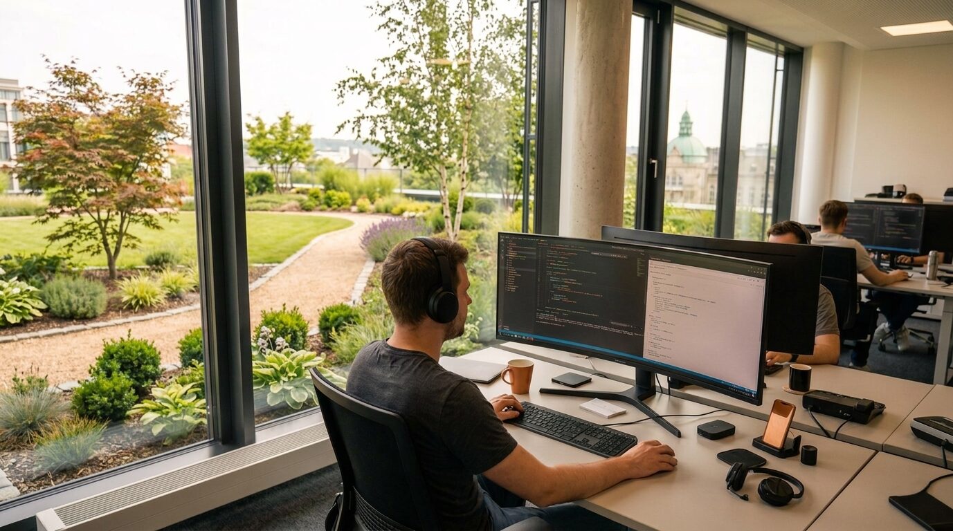 IT-Experte arbeitet konzentriert an zwei Monitoren in einem modernen Büro mit großem Fenster und Ausblick auf eine grüne Parkanlage in Bad Oeynhausen.