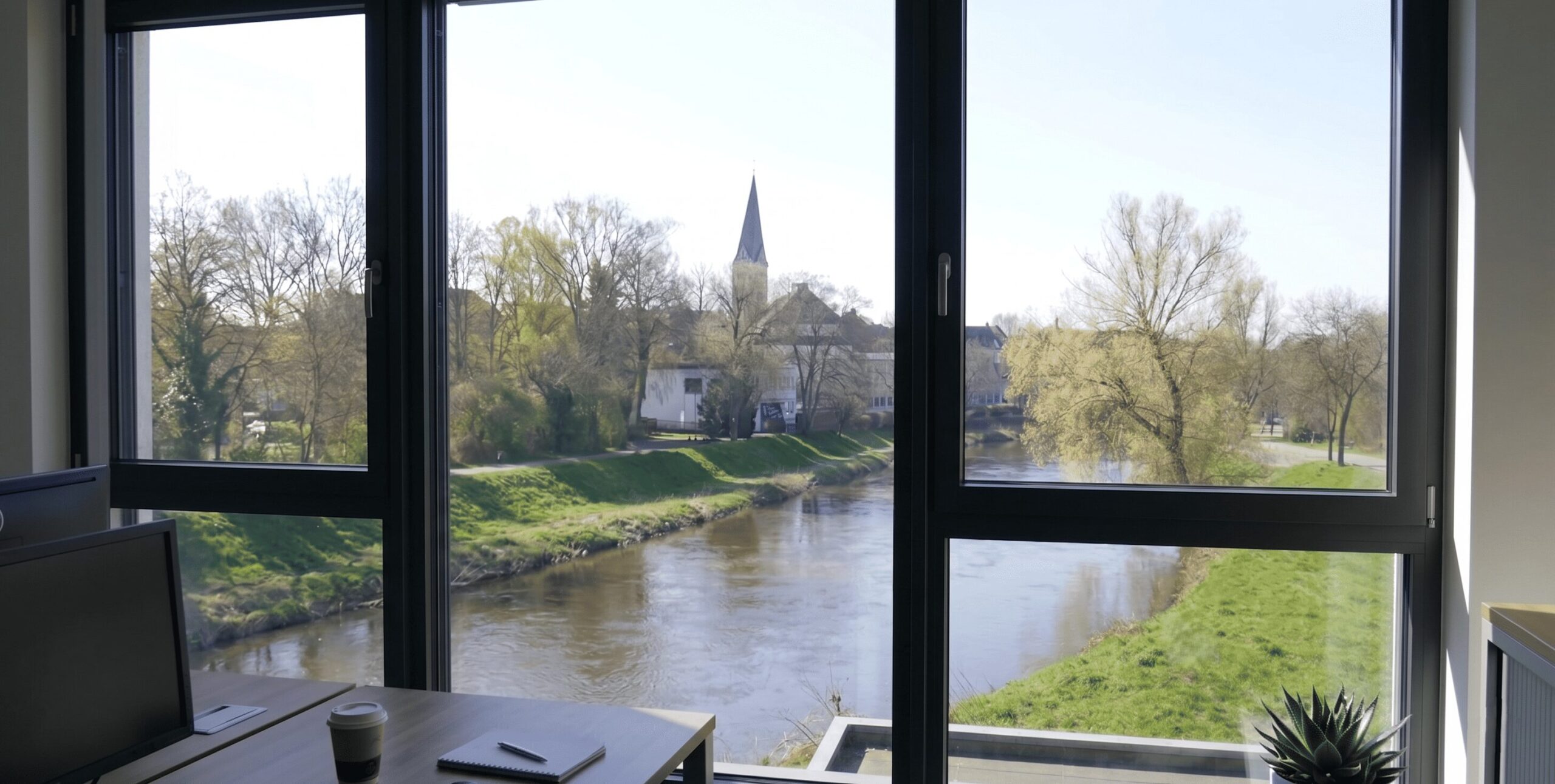 Blick aus einem modernen Bürofenster auf den Fluss Else und den Kirchturm der Pauluskirche in Bünde an einem sonnigen Tag.