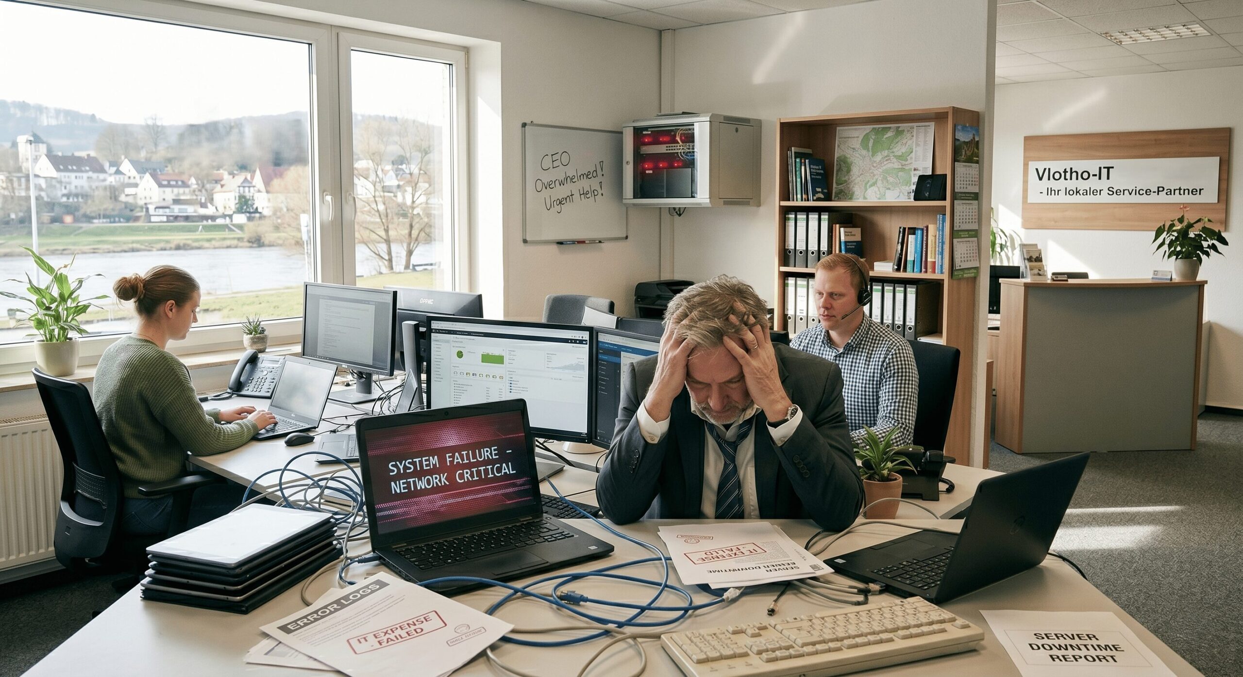 Ein gestresster Geschäftsführer sitzt mit den Händen vor dem Gesicht an einem Schreibtisch voller Kabelsalat und Dokumenten. Sein Laptop zeigt eine rote Fehlermeldung wegen eines Netzwerkausfalls. Im Hintergrund des Vlothoer Büros sitzen zwei IT-Mitarbeiter. Das Bild symbolisiert Technik-Frust im Mittelstand und den Bedarf an externem IT-Support in Vlotho.