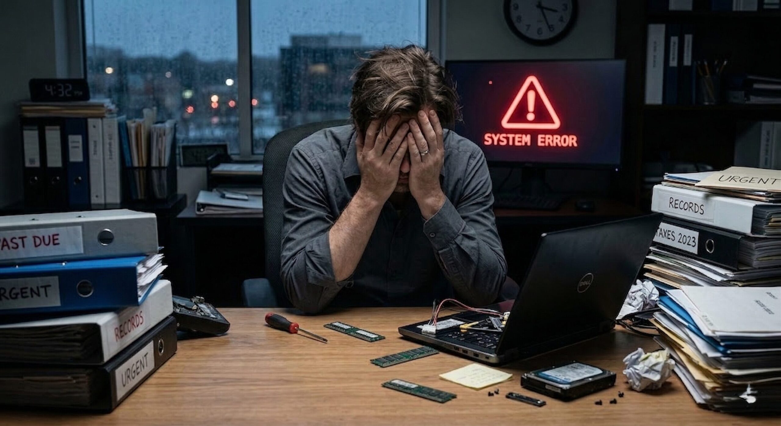 Verzweifelter Mitarbeiter am Schreibtisch vor defektem Laptop und roter Systemfehler-Meldung. Sinnbild für gravierende IT-Probleme und Systemausfälle im Unternehmensalltag.