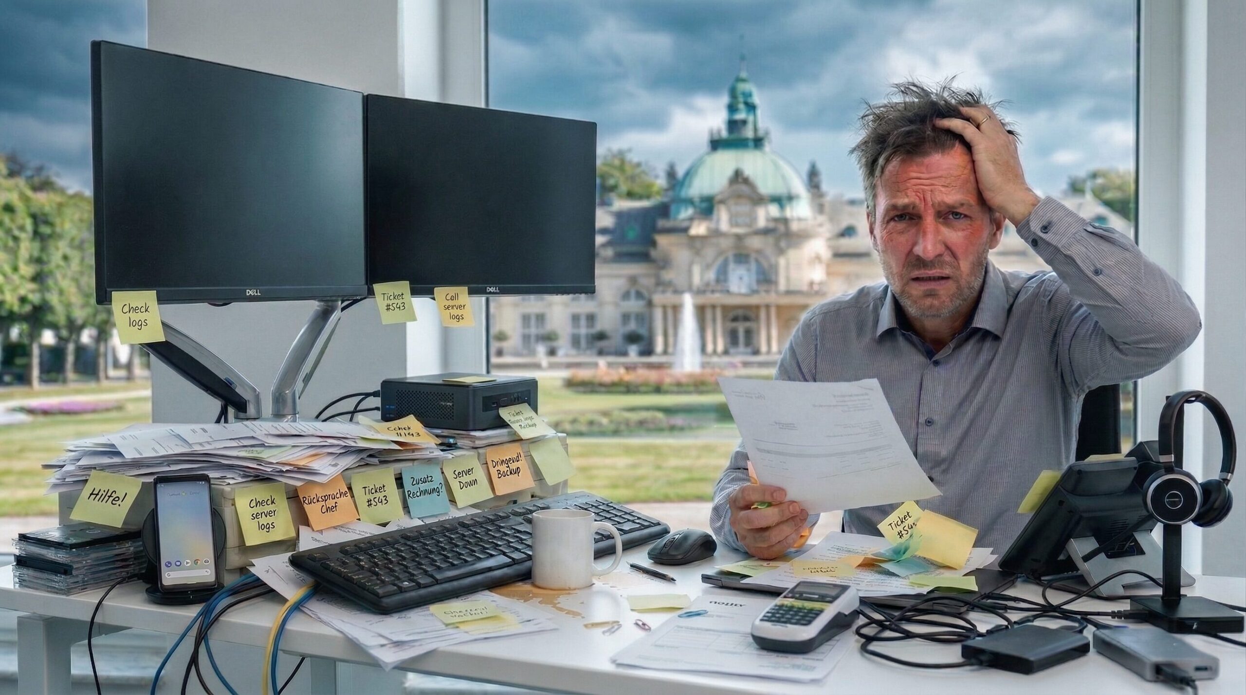 Ein verzweifelter IT-Experte sitzt an einem überfüllten, chaotischen Schreibtisch voller Papierkram, Post-its mit Aufgaben wie "Check logs" und "Dringend Backup" und leeren Bildschirmen, mit Blick auf das Kurhaus Bad Oeynhausen. Er hält Papier und fasst sich an den Kopf. Symbolisiert IT-Überforderung und die Notwendigkeit professioneller Hilfe.