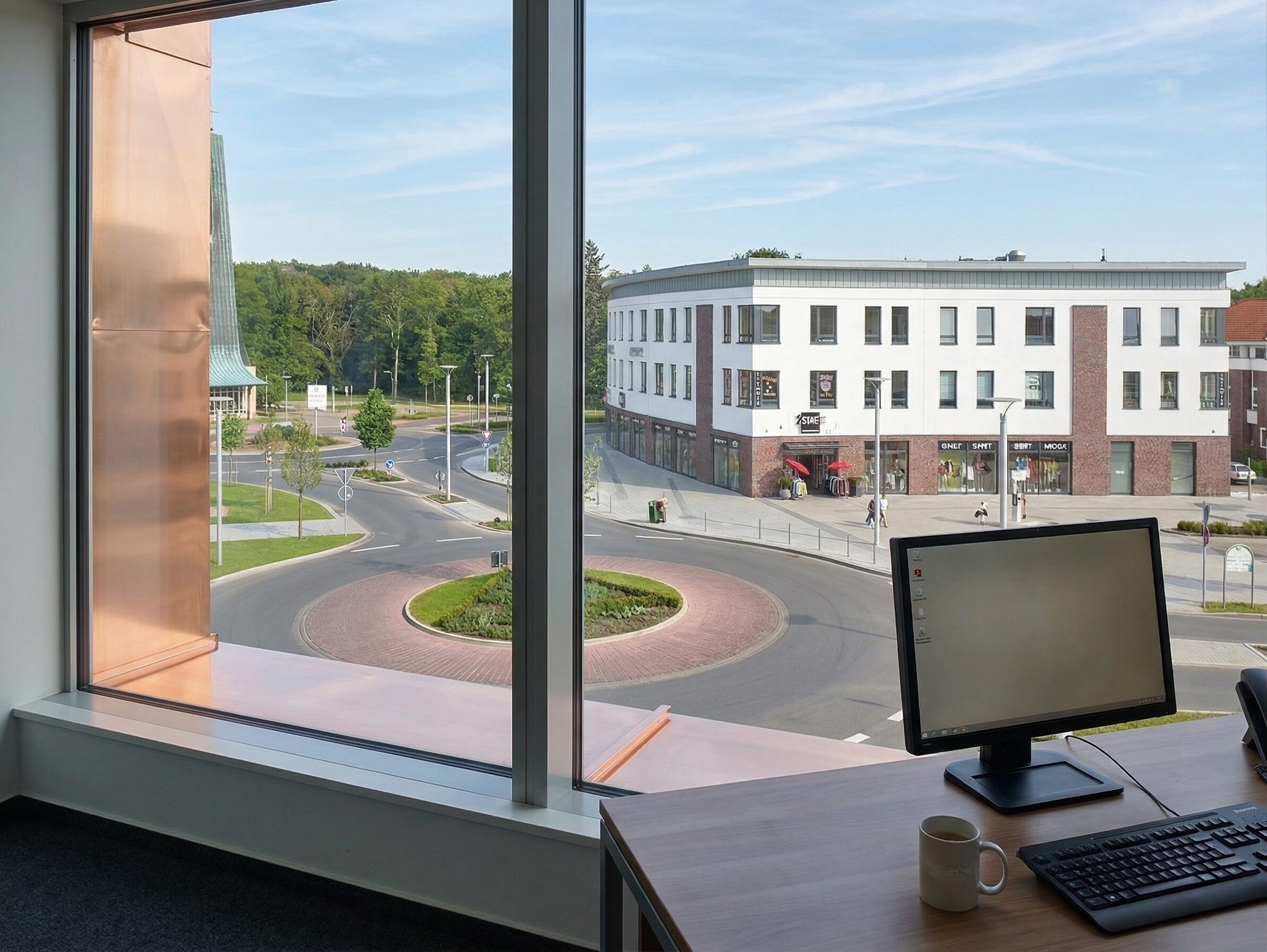 Blick aus einem modernen Bürofenster in Espelkamp auf einen Kreisverkehr im Stadtzentrum, einen modernisierten Geschäftsblock mit roten Schirmen und eine Parkanlage mit moderner Architektur. Eine vertraute lokale Ansicht.