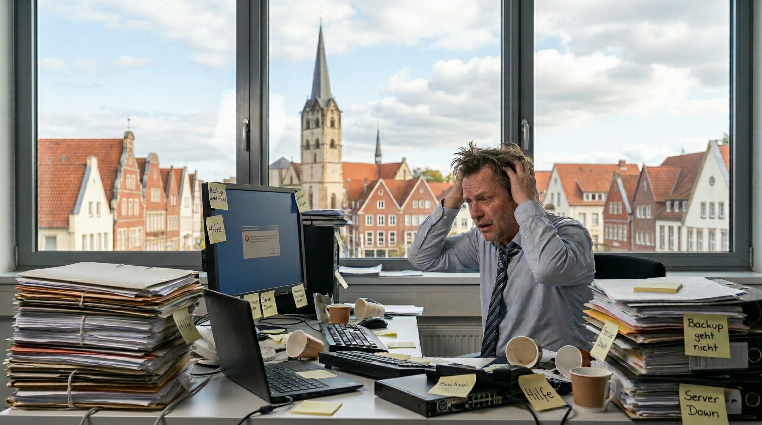 Ein IT-Spezialist mit Kopfhörern arbeitet fokussiert an einem modernen Arbeitsplatz mit zwei großen Monitoren. Durch die große Fensterfront im Hintergrund ist eine grüne Parkanlage und städtische Architektur zu sehen.