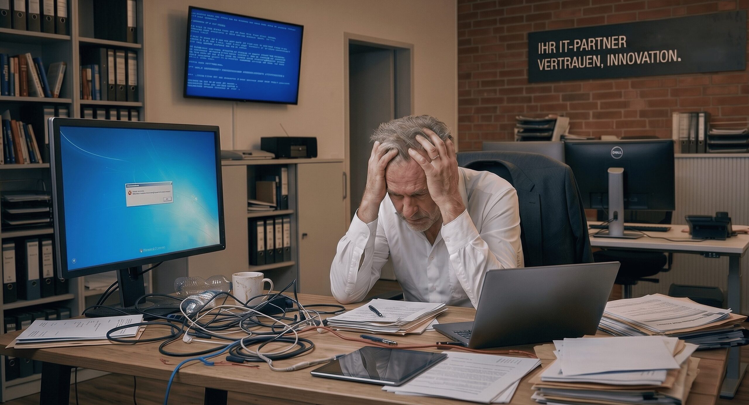Ein verzweifelter Geschäftsführer sitzt frustriert an einem chaotischen Schreibtisch voller Kabel, Akten und einer leeren Kaffeetasse. Ein Monitor zeigt eine Windows-Fehlermeldung, ein Bildschirm an der Wand einen Bluescreen. Im Hintergrund ein Schild mit der Aufschrift 'IHR IT-PARTNER - VERTRAUEN, INNOVATION.'. Visualisiert massiven IT-Stress und den akuten Bedarf an professionellem B2B-Support in Bielefeld.