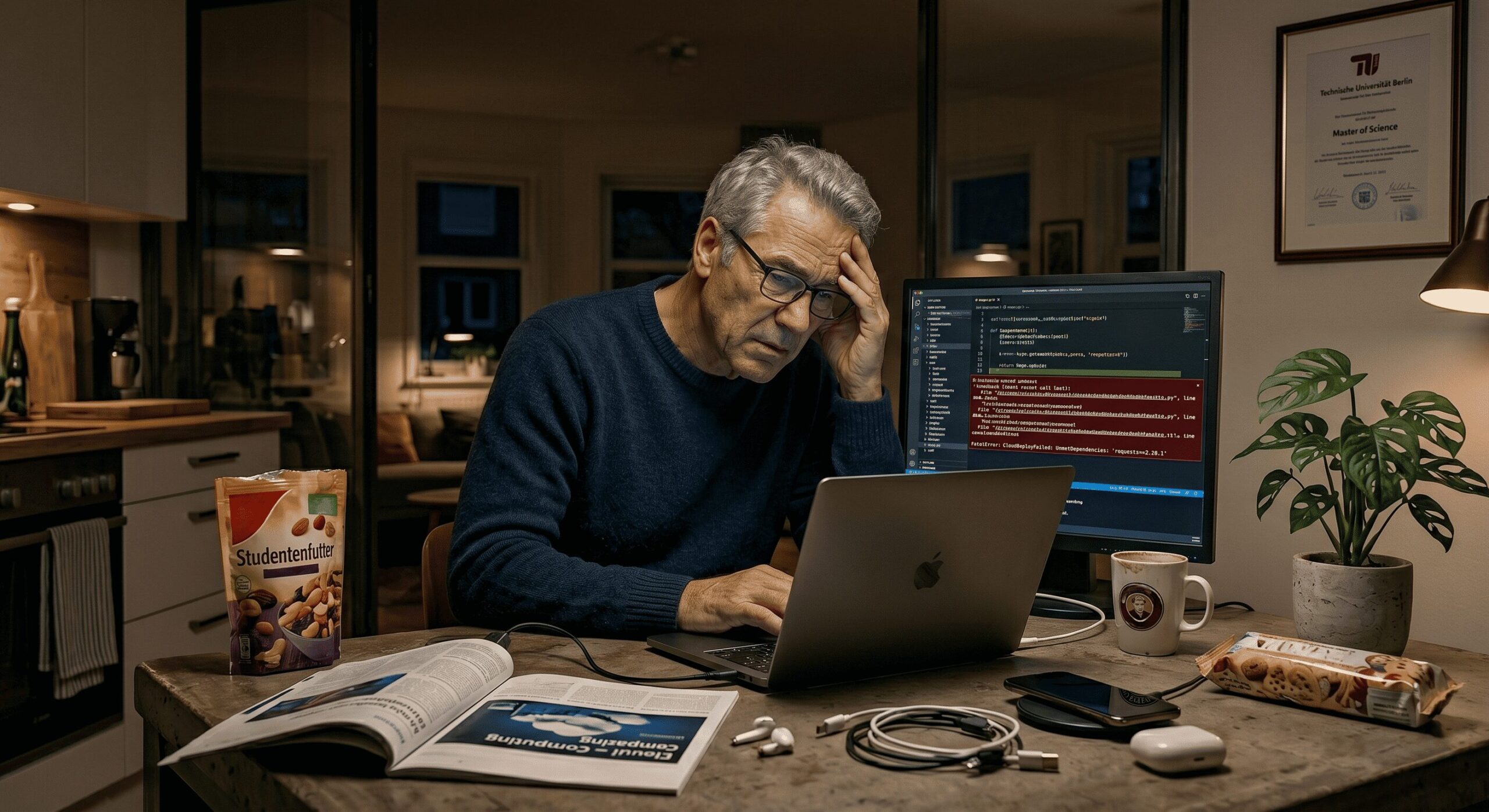 Ein älterer, gestresster Mann fasst sich abends am Küchentisch verzweifelt an den Kopf. Vor ihm ein Laptop und ein Monitor, der auffällige rote Fehlermeldungen (Code-Error) anzeigt. Auf dem Tisch liegen chaotisch Kabel, ein Magazin zum Thema 'Cloud Computing' und Studentenfutter als Nervennahrung. Visualisiert IT-Stress im Homeoffice und den Bedarf an professionellem IT-Support.