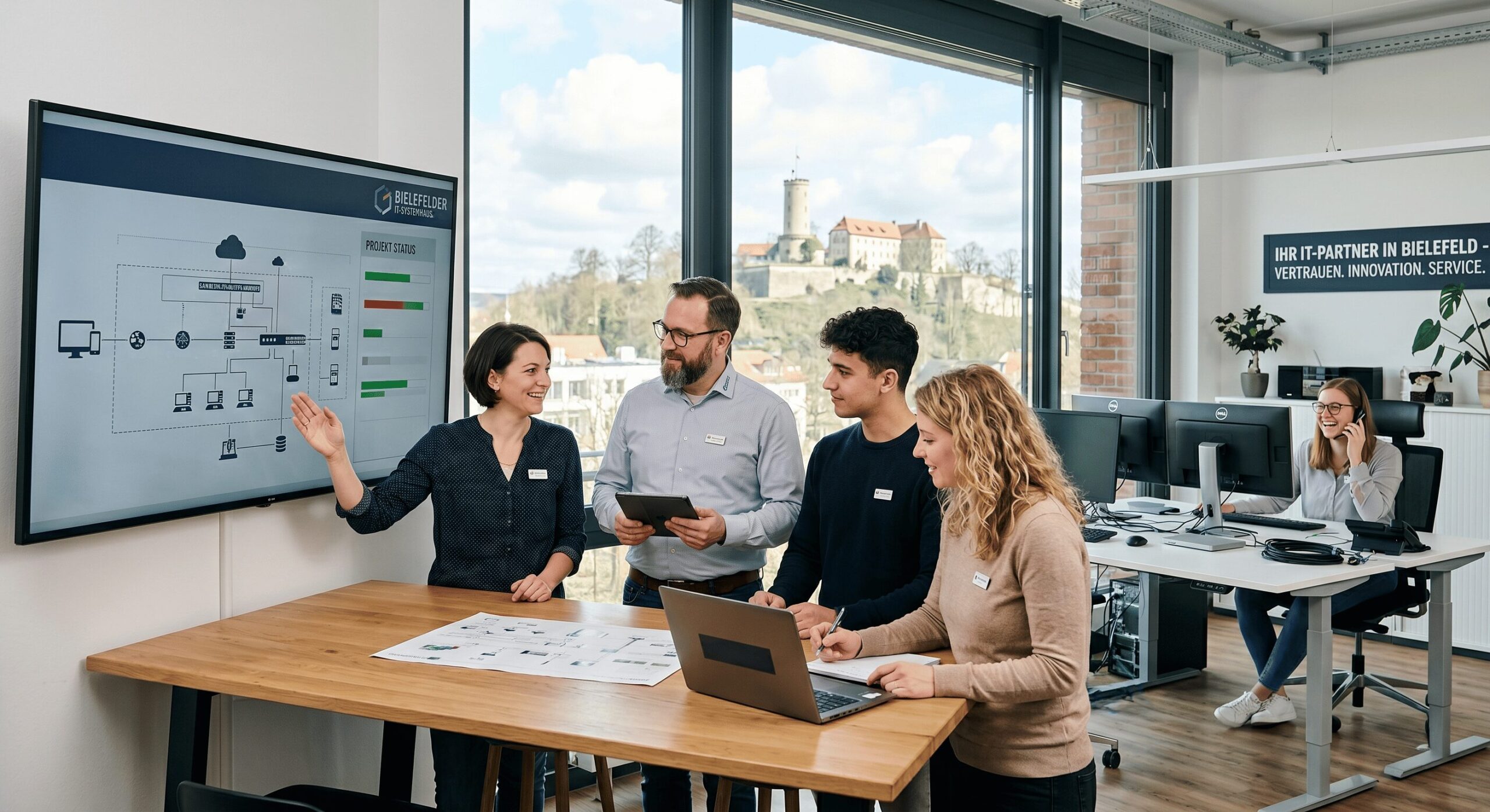 Ein professionelles IT-Team bespricht eine Netzwerkarchitektur vor einem großen interaktiven Bildschirm in einem modernen Büro. Durch die großen Panoramafenster im Hintergrund ist deutlich die Sparrenburg in Bielefeld zu erkennen. Symbolisiert persönliche, kompetente IT-Beratung und lokale Präsenz.