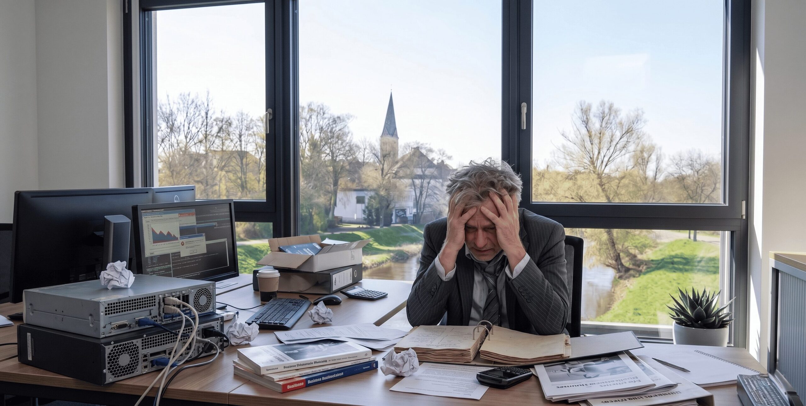 Ein gestresster Unternehmer in Bünde rauft sich vor fehlerhafter Server-Hardware am Schreibtisch die Haare. Symbolbild für IT-Ausfälle und Technik-Frust, den IT-Commander als lokales IT Systemhaus in Bünde proaktiv löst.
