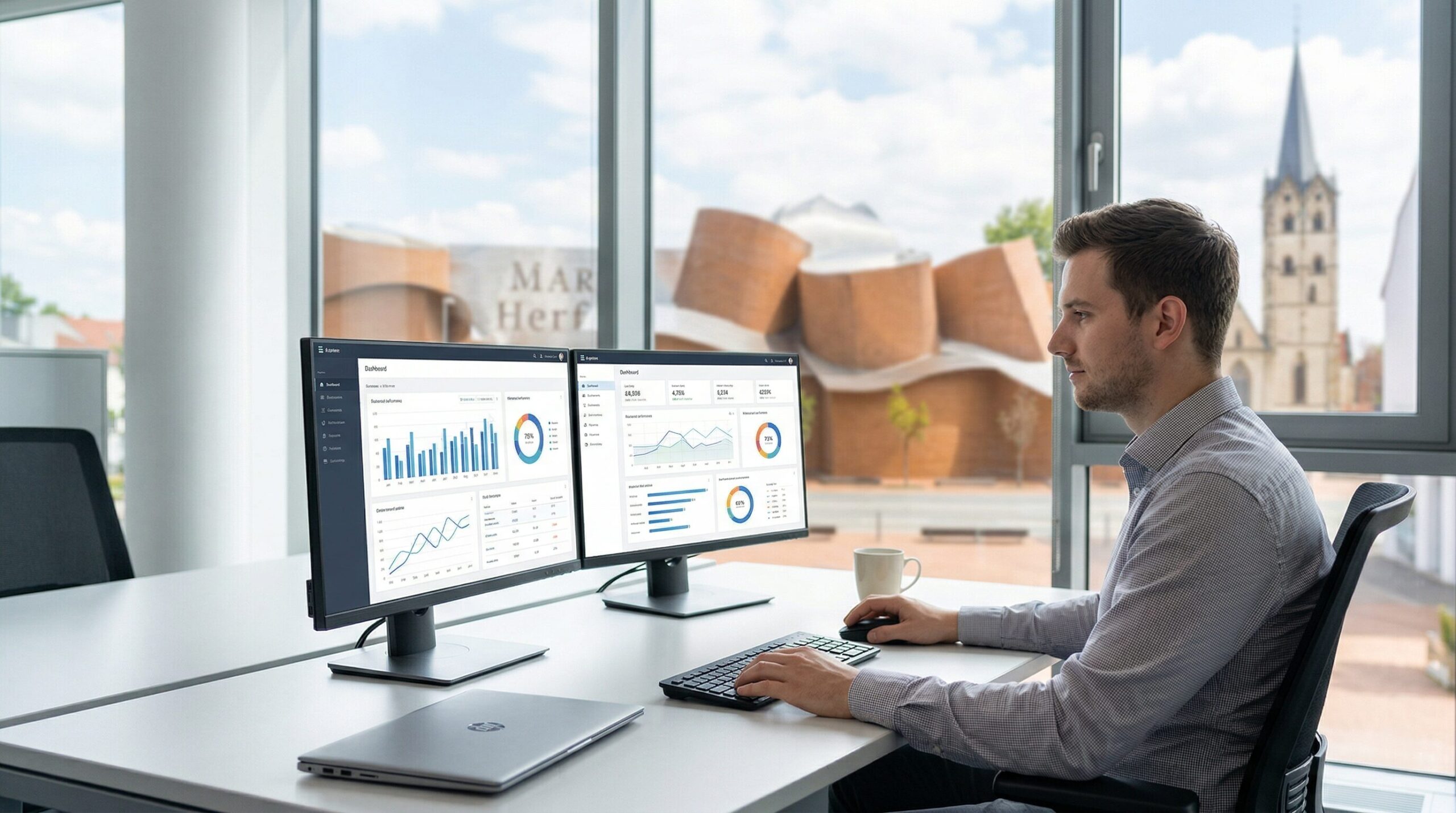 Ein IT-Experte arbeitet konzentriert und entspannt an zwei Monitoren in einem hellen, aufgeräumten Büro. Durch das große Fenster im Hintergrund sieht man das MARTa Museum und die Herforder Innenstadt.