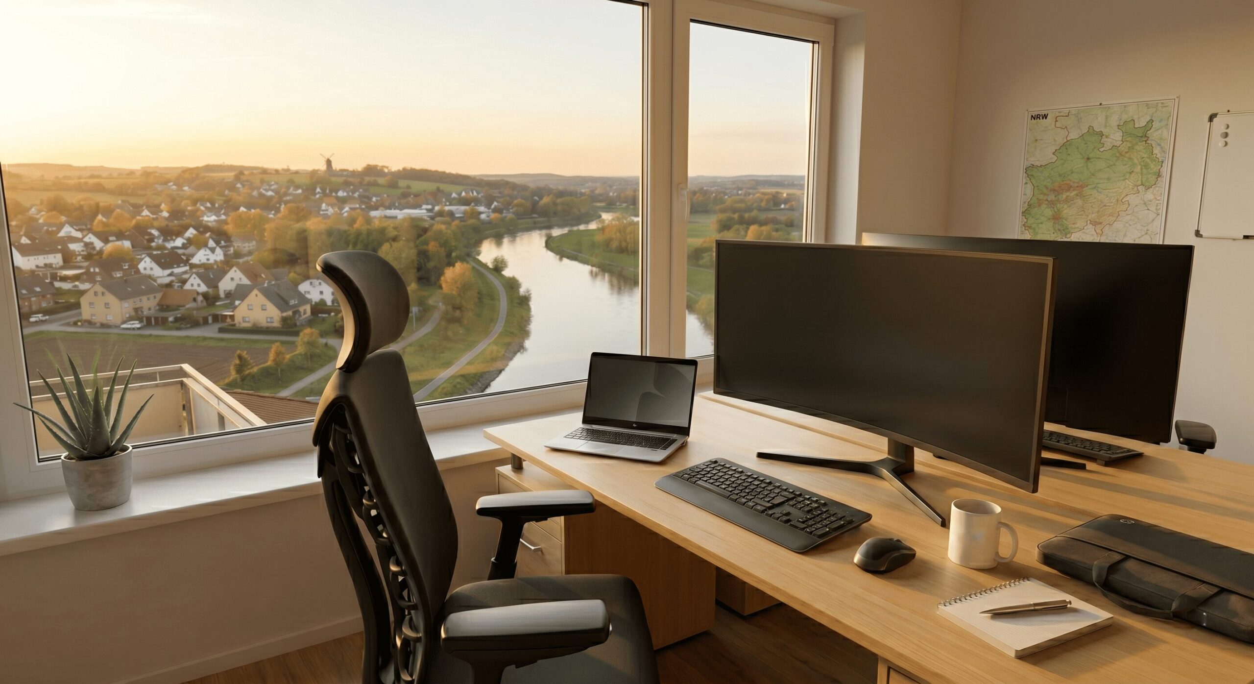 Moderner IT-Support-Arbeitsplatz mit zwei großen Bildschirmen und Laptop. Durch das große Bürofenster blickt man auf die Flusslandschaft der Werre und die Stadt Löhne bei Sonnenuntergang. An der Wand hängt eine Landkarte von NRW.