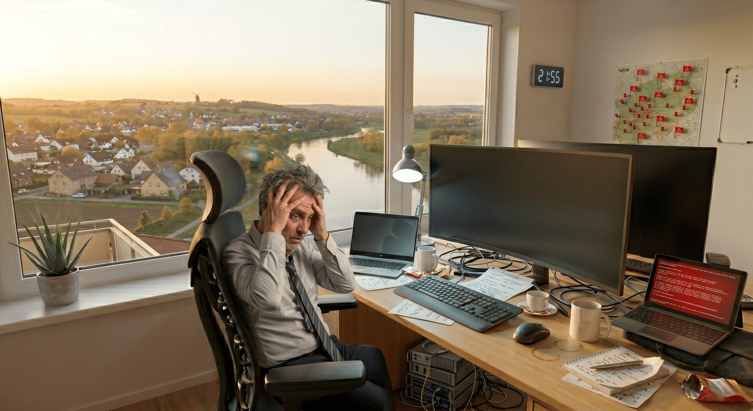 Verzweifelter Geschäftsmann, Hände am Kopf, in einem chaotischen Home-Office late night bei einem IT-Notfall. Ein Bildschirm zeigt roten Alarmtext, die NRW-Karte an der Wand ist mit roten Warnmarkierungen übersät. Der Blick geht über Löhne und die Werre. Visualisiert eine IT-Krise, Ransomware-Angriff oder Datenverlust-Situation.