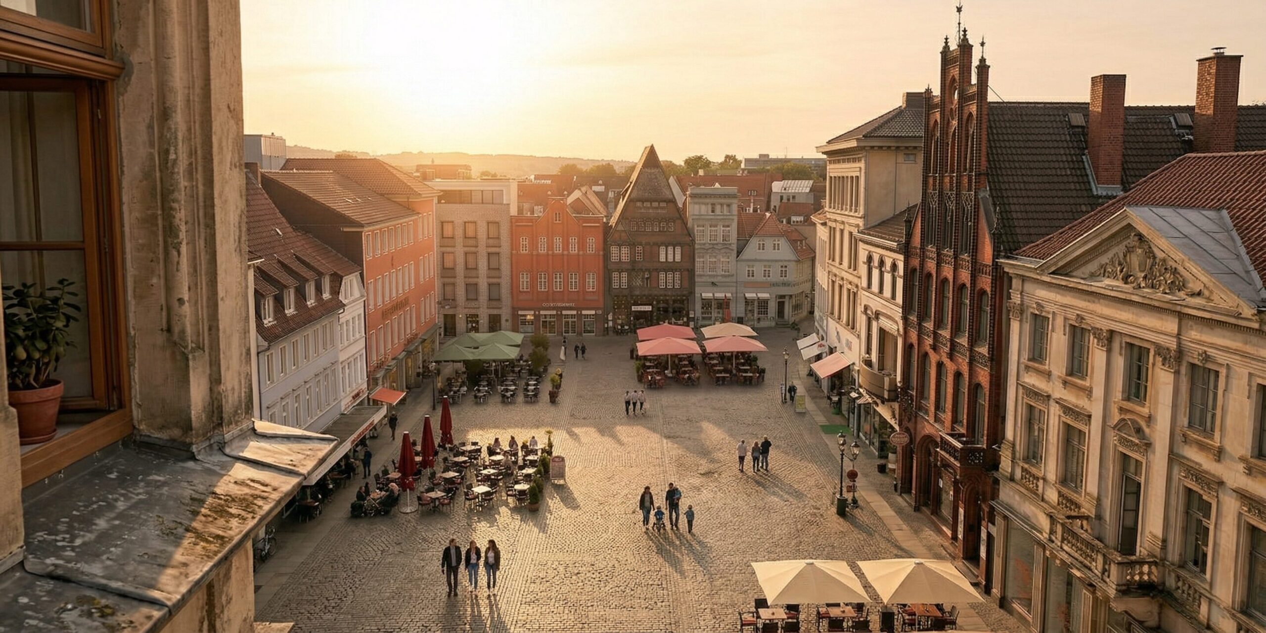 Blick aus einem modernen Bürofenster auf den historischen Marktplatz in Minden mit dem Alten Rathaus bei Abenddämmerung. Im Vordergrund ein aufgeräumter Schreibtisch mit Laptop – Symbol für verlässlichen, lokalen IT-Support im Mühlenkreis.