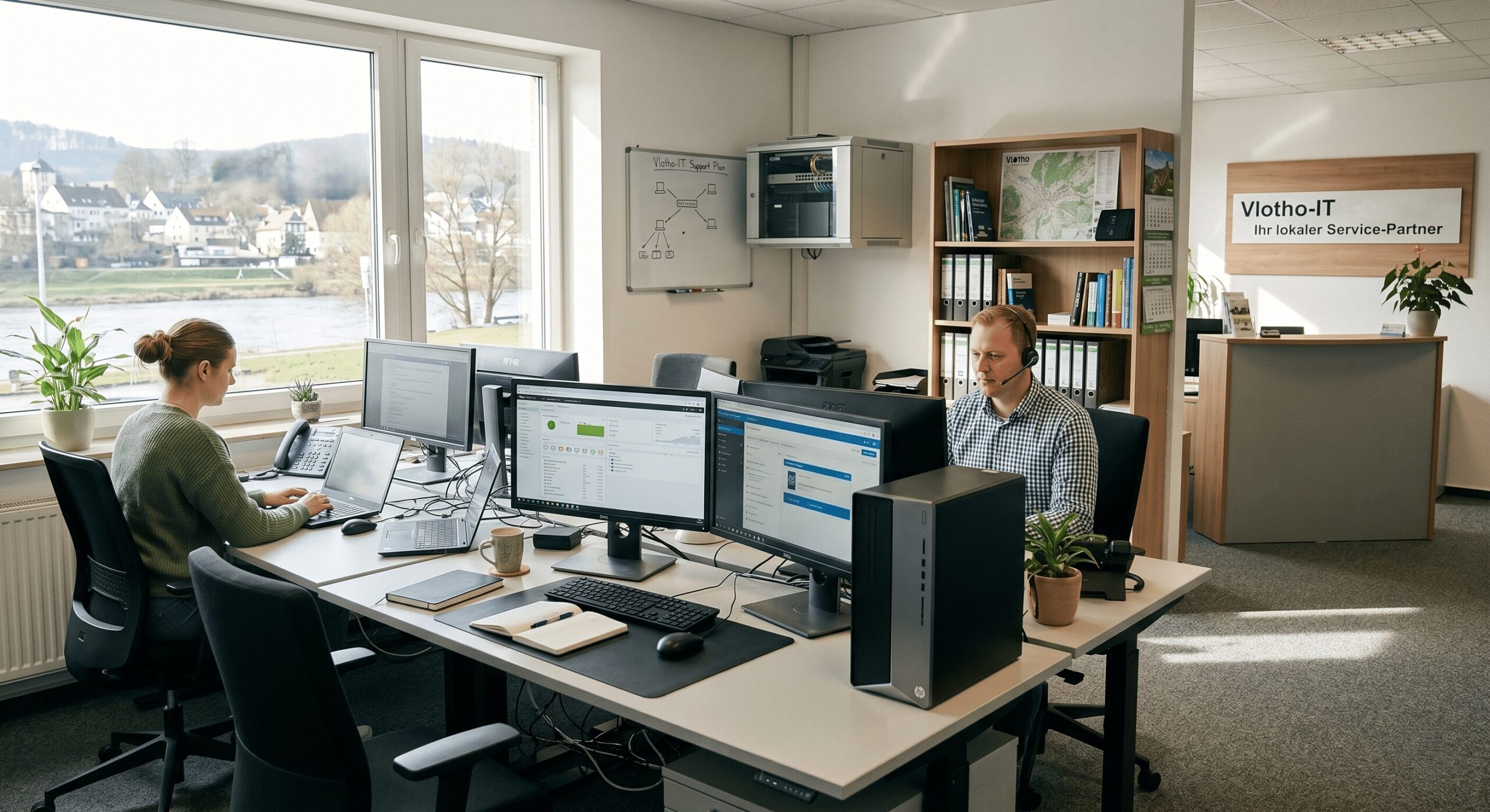 Zwei IT-Experten arbeiten konzentriert an ihren Computern in einem hellen, lokal verwurzelten IT-Büro. Durch das Fenster ist die Burg Vlotho und die Weser zu sehen. Das Bild visualisiert den persönlichen IT-Support, Helpdesk und Managed Services für kleine und mittlere Unternehmen (KMU) direkt aus der Region.