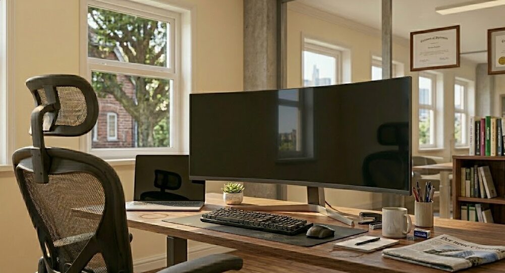 Nahaufnahme eines modernen, professionellen IT-Arbeitsplatzes in einem hellen Büro. Ein Massivholz-Schreibtisch trägt einen Ultrawide-Monitor, einen geöffneten Laptop, mechanisches Keyboard, Maus, Kaffeetasse (mit Rändern), Sukkulente, Notizbuch und Zeitung. Davor steht ein ergonomischer Bürostuhl mit Netzrücken. Im Hintergrund Fenster mit Blick auf Ziegelgebäude und Bäume, eingerahmte Zertifikate an der Wand und ein volles Bücherregal. Symbolisiert modernen, kompetenten IT-Support.