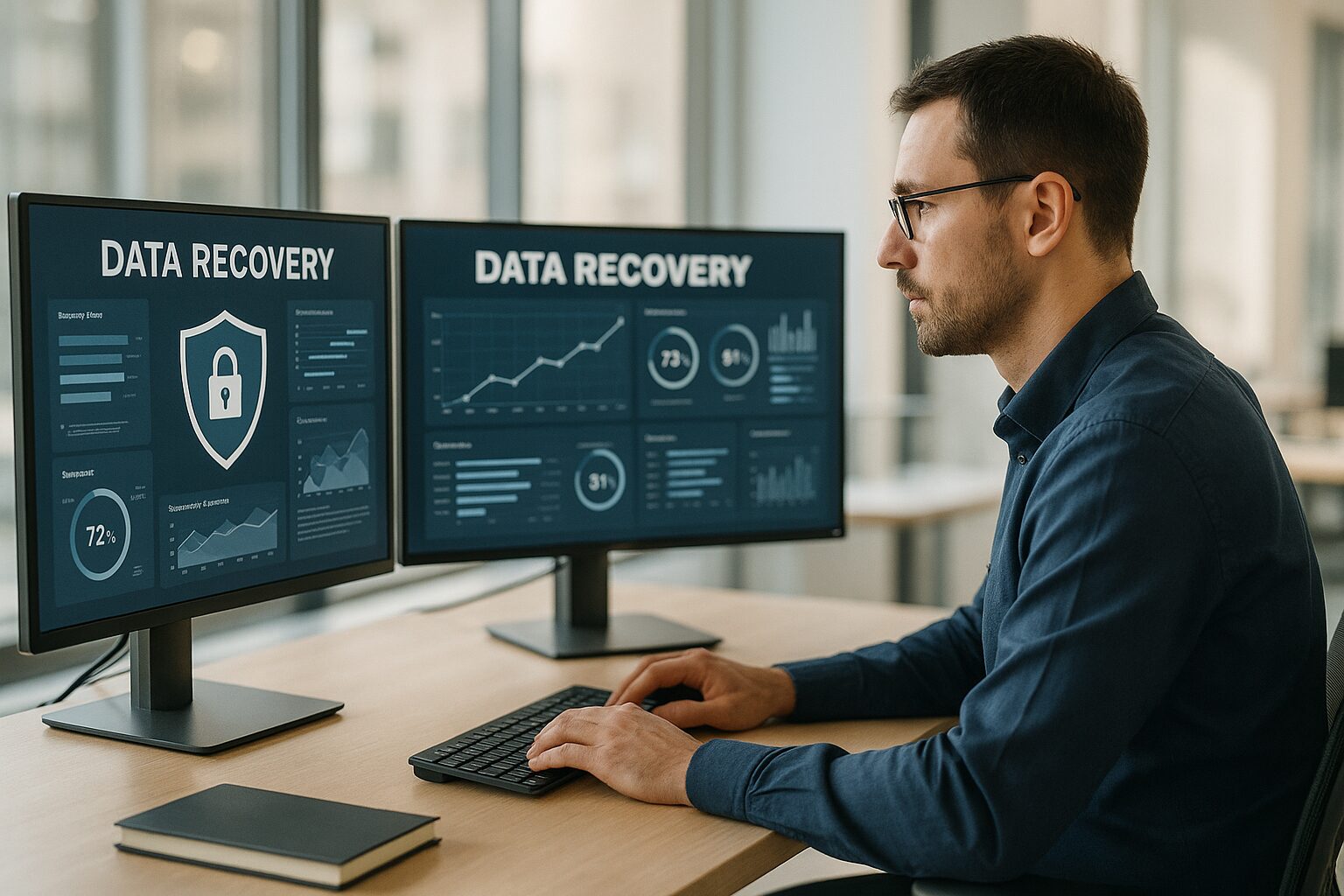 IT-Experte überwacht Datenwiederherstellung an zwei Monitoren mit Data-Recovery-Dashboards
