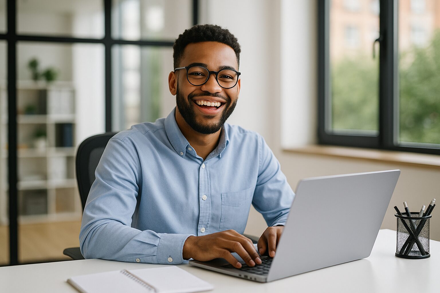 Lächelnder Mann mit Brille arbeitet am Laptop in einem modernen Büro